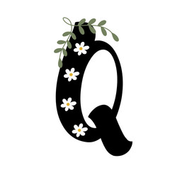 Font a-z, flower theme, 'Q' isolated on white background