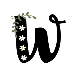 Font a-z, flower theme, 'W' isolated on white background