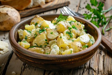 A wooden bowl holds an assortment of potatoes, resting on a table