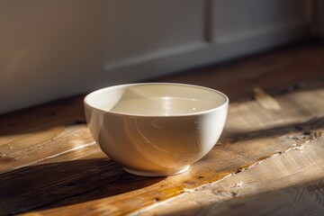 A white bowl is placed on top of a wooden table in a side angle view