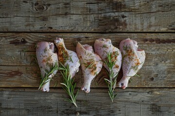 Top-down view of four chicken drumsticks seasoned with herbs on a wooden table