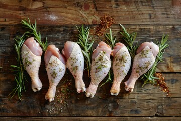 Five raw chicken breasts seasoned with herbs placed on a wooden table - obrazy, fototapety, plakaty