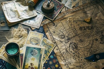 Numerous types of paper spread across a table in a top-down view, including tarot cards and astrological charts