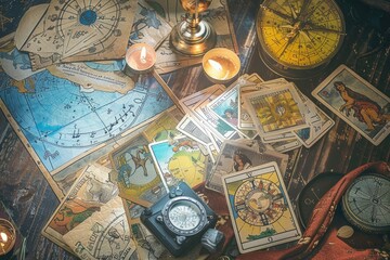 A variety of different items displayed on a table top, including tarot cards and an astrological chart
