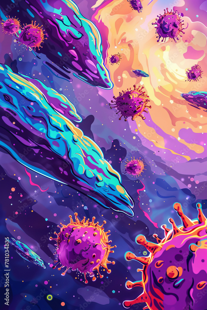 Poster a colorful space scene with a virus floating in the air