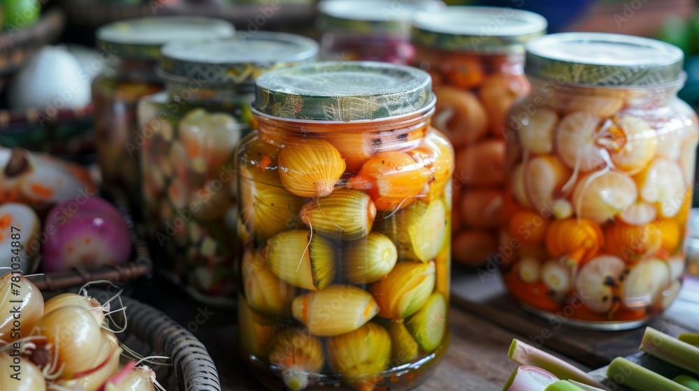 Poster jars of assorted pickled veggies on table