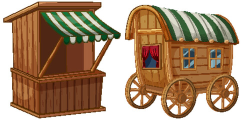 Wooden stall and caravan with striped awnings - 781034806
