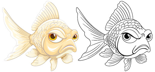 Color and black-and-white illustrations of a grumpy fish. - 781034807