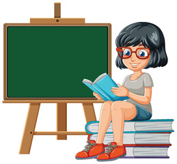 Cartoon girl reading book beside blank chalkboard - 781034849