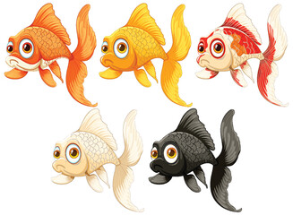 Five vibrant goldfish illustrations swimming together - 781034886