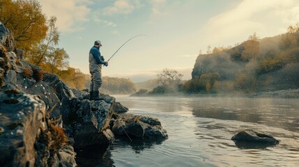A fisherman reeling in a large fish from the edge of a rocky riverbank, muscles tense with effort. - Powered by Adobe