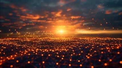 Sunset Glow Over Orange Network Grid Landscape Background
