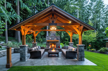 A wooden gable roof gazebo with beams, large stone fireplace and seating area for outdoor living space in the backyard of an American home