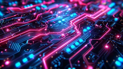Obraz premium Intricate Circuit Board Traces Glowing with Neon Light 