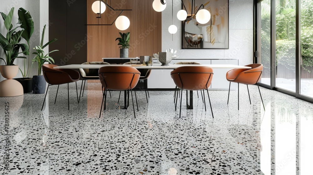 Poster in the dining room the traditional terrazzo flooring is given a modern twist with the addition of sl