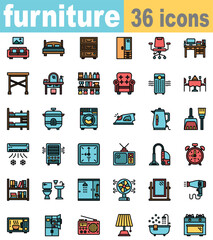 Furniture filled outline icon set 