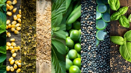 A collage of different types of biofuel sources including crops algae and waste materials highlighting the diversity of renewable energy trade opportunities available on a global scale. . - obrazy, fototapety, plakaty