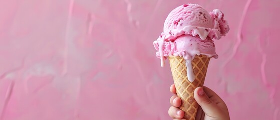Portrait of a cute little hand holding a ice-cream against a clean blurry backdrop with space for text or product, Generative AI.