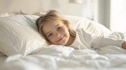 Fototapeta na wymiar A young girl sleeps under a cozy blanket