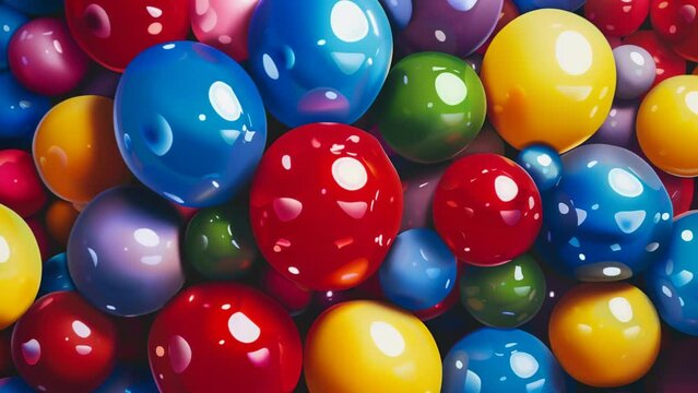 Densely packed balloons in various colors like red, blue, yellow, and purple filling the entire frame. The glossy surface of the balloons reflects light, accentuating their vivid hues.