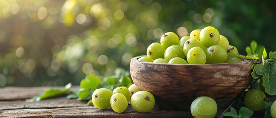 Portrait of a bowl of Amla fruits or Indian Gooseberry on a wooden table with a big blurry nature backdrop also use as a natural herbs, Generative AI.
