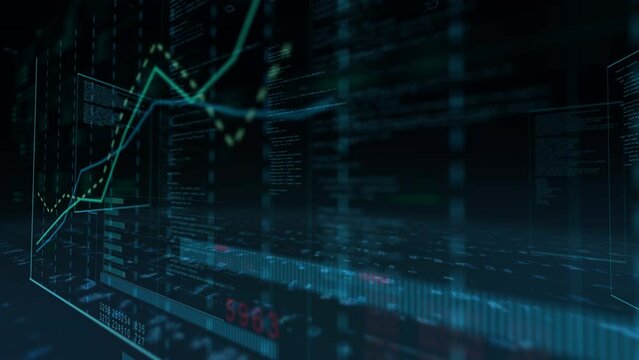 ビジネス データ グラフのデジタル空間背景。
仮想空間でコードを実行する未来的なインターフェイス アニメーション。