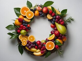 Colorful wreath of fresh fruits isolated on white background. Circle of mixed fruits ornament