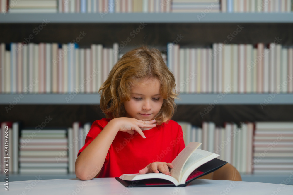 Poster knowledge day. child pupil reading book in a book store or school library. kid study read.