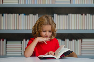 Knowledge day. Child pupil reading book in a book store or school library. Kid study read.