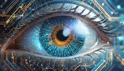 Futuristic Digital Eye Close-up with Circuit Patterns