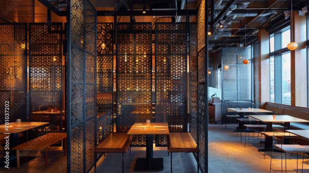 Poster the use of perforated metal as a partition in a restaurant creates a sense of airiness and light wit