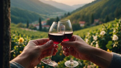 The couple clinks wine glasses in a beautiful romantic setting, symbolizing love and connection. Wedding celebration or Valentine's dinner concept