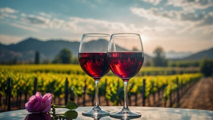 Two glasses of red wine on wooden table on vineyard background in the morning