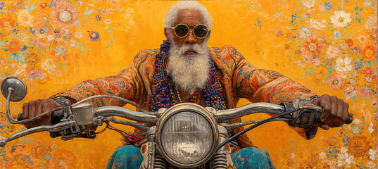Brutal Indian man in traditional attire wearing glasses on a motorbike. Lifestyle. The concept of a serious man. For banners, posters, backgrounds, adverts, blogs, concept art. - obrazy, fototapety, plakaty