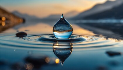 A minimalist composition featuring a single drop of water about to break the perfect stillne - obrazy, fototapety, plakaty