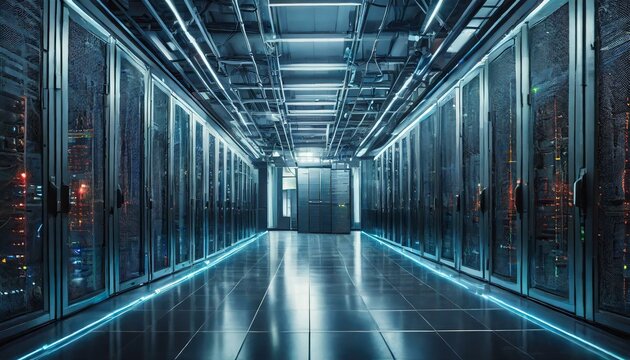 Advanced server room with rows of server racks illuminated by striking blue neon lights over
