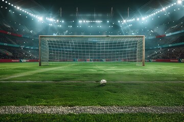 Nerve-Wracking Penalty Spot on Illuminated Pitch During Intense Nighttime Soccer Match - obrazy, fototapety, plakaty