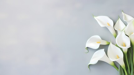 Fototapeta na wymiar Delicate arrangement of calla lilies from above, against an abstract background, offering space for your customized text.