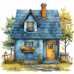 A blue house with a chimney and a yellow door