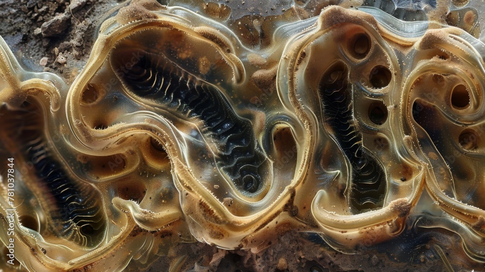 Poster A section of soil viewed under a microscope revealing a network of tunnels created by the movement of roundworms.