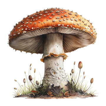 A large mushroom with a white stem sits on a grassy field