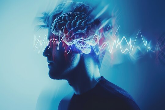 Man with abstract brain waves symbolizing headache