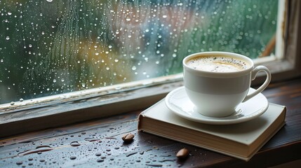 Incorporates an open book and a white cup of coffee mounted over a window sill with a raindrop fuzzy window lovely day and space, Generative AI. - obrazy, fototapety, plakaty
