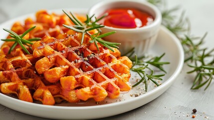 Over a white kitchen backdrop, sweet potato waffle fries are available with a tiny white bowl of tomato sauce green lush herbs over top and space, Generative AI.