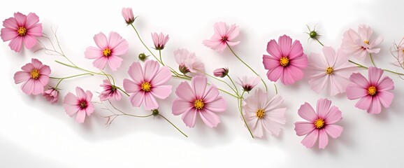 Fototapeta na wymiar Clean and simplistic arrangement of cosmos flowers captured from above, leaving room for your personalized text.
