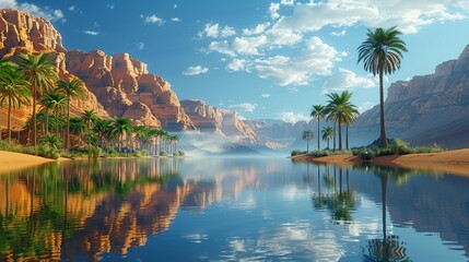 A desert oasis where the water mirrors another universe, and camels carry tales of mirages made real  3D Render