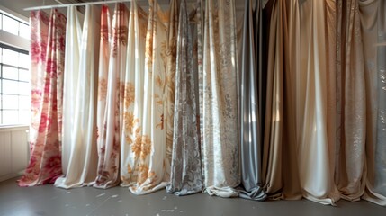 Many curtains hanging at the rack in a showroom. curtains are lightweight, modern designs. Generative AI.