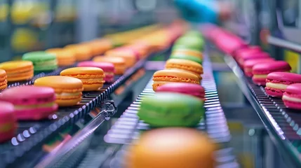 Plexiglas foto achterwand Sweet treats  vivid macarons venturing over a conveyor array of confections over a sweet confectionary facility and space, Generative AI. © Grandpas