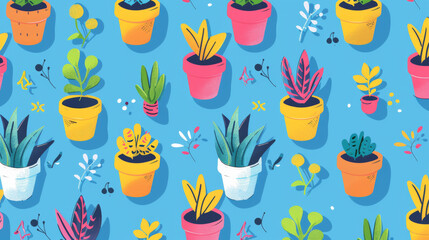 Fototapeta na wymiar Sticker vector illustration of a cute houseplant pattern with various plants in pots on a light blue background