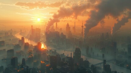 Urban pollution visualized in a 3D cartoon animation, smoggy cities with a hint of satire - obrazy, fototapety, plakaty